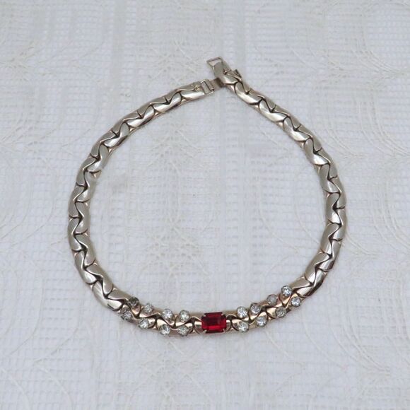 Vintage Silver Toned C-Link Statement Necklace with Red and Clear Rhinestones - Picture 1 of 9